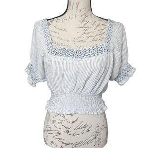 Juniper Blue Ladies Blue and White Striped Smocked Embroidered Crop Top - Size L